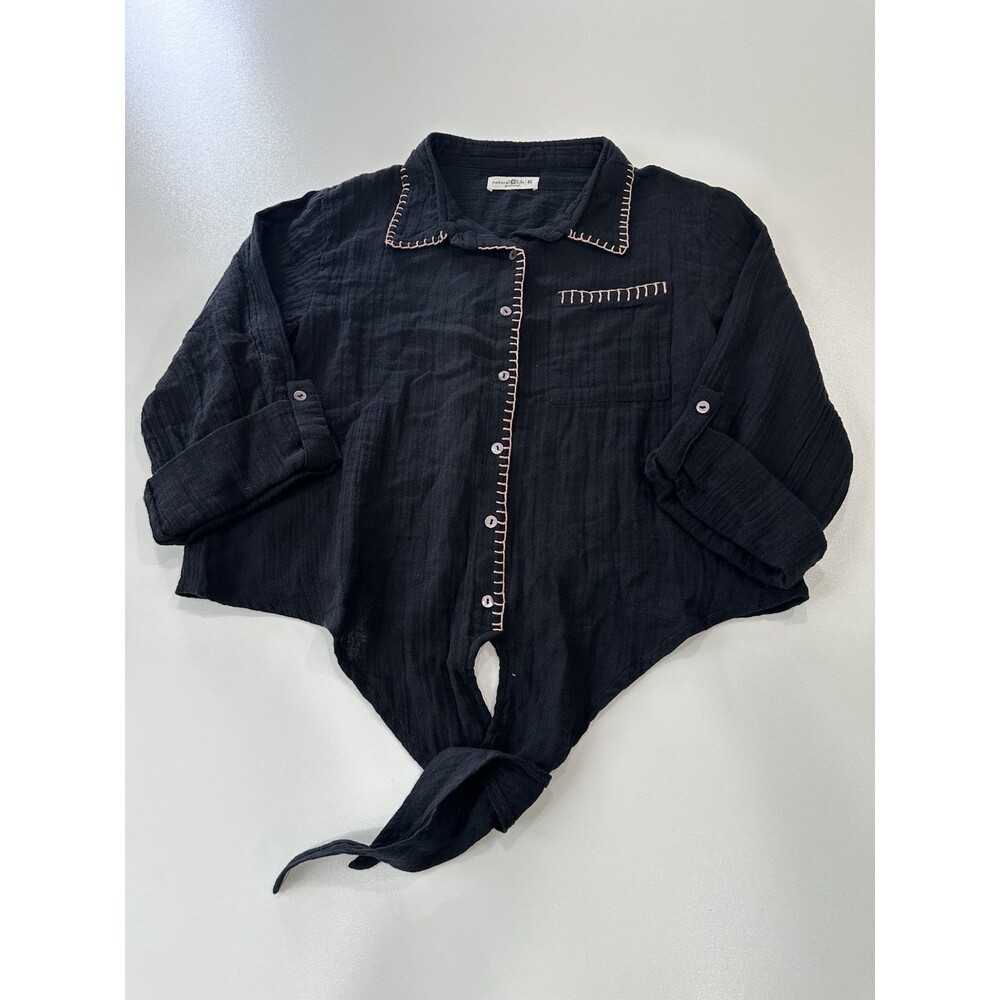 Natural Life Black Gauzy Tie-Front Button Shirt Contrast Stitching Size M